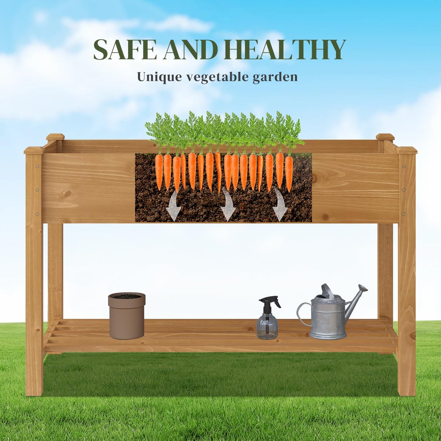 PULIJIAJU PL 48x24x30.5IN Raised Garden Bed with Legs Elevated Wooden Planter Box Stand Large Planter Stand Box for Fruits Vegetables Flowers Herbs w/Divider Liner (Brown-M)