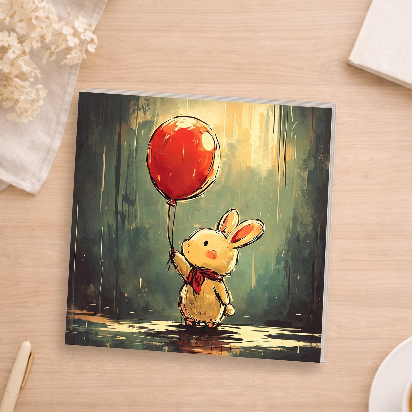 Cute Bunny Wooden Block Sign, Whimsical Balloon Rabbit Art Shelf Sitter, Nursery Kids Room Table Mantel Decor, Adorable Home Accent Gift