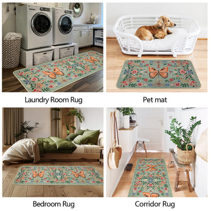 SHIYUE Boho Kitchen Mat Set of 2, Green Butterfly Flower Kitchen Rugs Farmhouse Modern, Non Skid Washable Rubber Runner Rugs, Kitchen Decor Accessories（17x47in+17x30in）