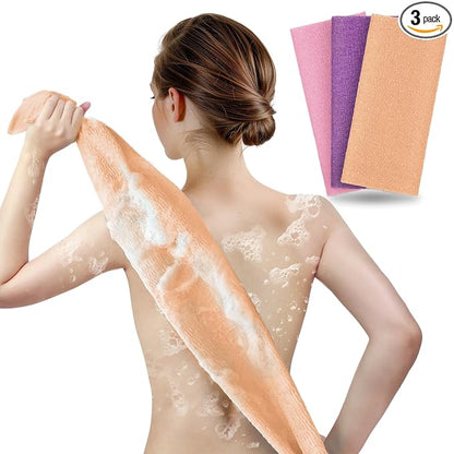 ARCH&M Exfoliating Shower Towel & Body Scrubber, Peach Purple Pink, 3 Pack | Japanese Washcloth, Hygienic, Nylon, Daily Use, Smoother Skin, Deep Exfoliation, 35-Inch, Quick-Dry, Durable Machine Washable