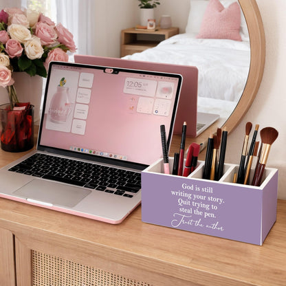 GGED God is Still Writing Your Story Pen Holder, Inspirational Desk Organizer, Wooden Pencil Caddy with 3 Compartments for Office, Home, Classroom