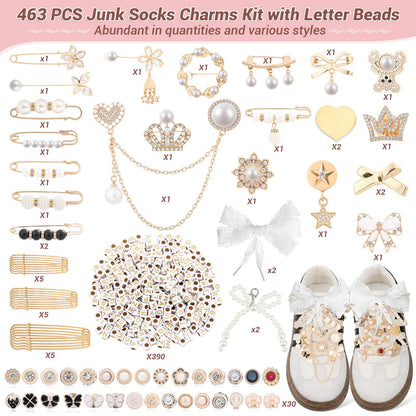 463 Pieces Junk Socks Charms Kit – Shoe Charms for Sneakers with Letter Beads, Safety Pins, Gold Brooches, Lace Shoelaces, Bead Embellishments, DIY Personalization Shoe Sock Accessories for Women