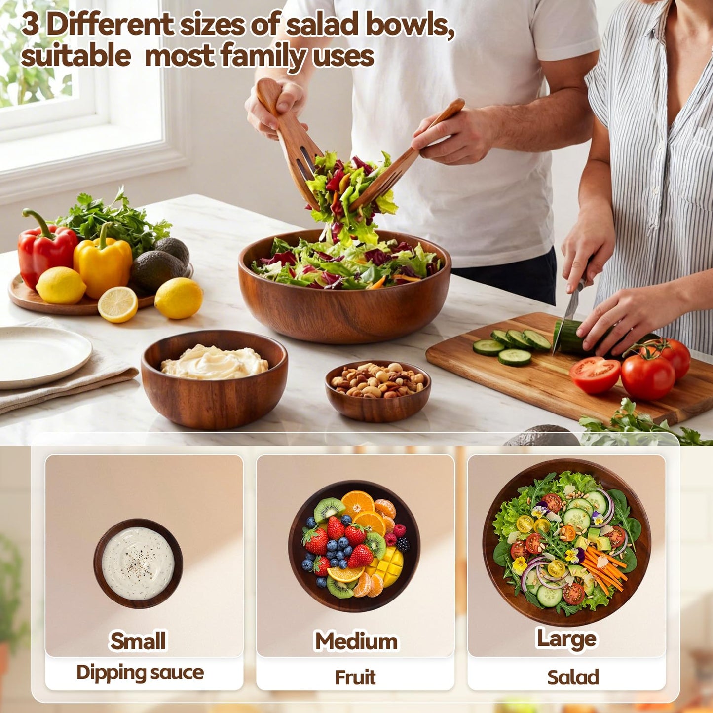 Hushee 5 Pcs Acacia Wood Salad Bowl Set 4.7" 6.3" 9.5" Wooden Mixing Bowls with 2 Wooden Hands Large Wood Serving Bowl with Serving Utensils for Kitchen Fruits Cereal Corn Flake Pasta Gift Giving