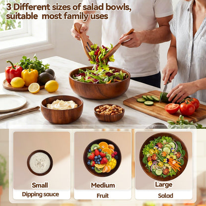 Hushee 5 Pcs Acacia Wood Salad Bowl Set 4.7" 6.3" 9.5" Wooden Mixing Bowls with 2 Wooden Hands Large Wood Serving Bowl with Serving Utensils for Kitchen Fruits Cereal Corn Flake Pasta Gift Giving
