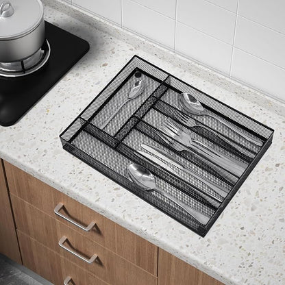 Neudeco Silverware Drawer Organizer, Black | 5 Compartment, Mesh Wire, Non-Slip Feet, Cutlery Tray