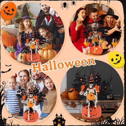 Thiccywoov Large Halloween Tabletop Decorations with Lights 17.7'' x 11'' Halloween Table Centerpieces Halloweens Artificial Flower Skeleton Skull Pumpkin Table Decor for Home Indoor Party Supplies