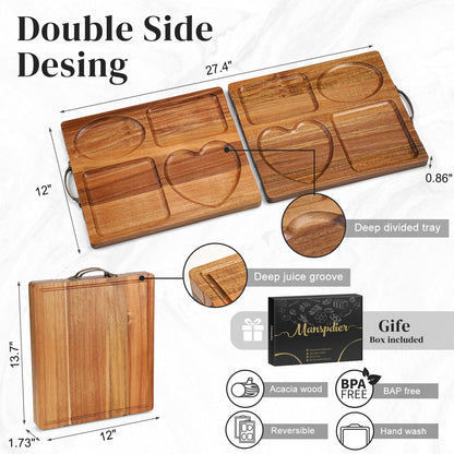 Acacia Wooden Cutting Boards for Kitchen, 2 in 1 Charcuterie Boards and Serving Tray with Compartments, Foldable Wood Cutting Board Camping Parties Housewarming Wedding Gift Serving Platters and Trays