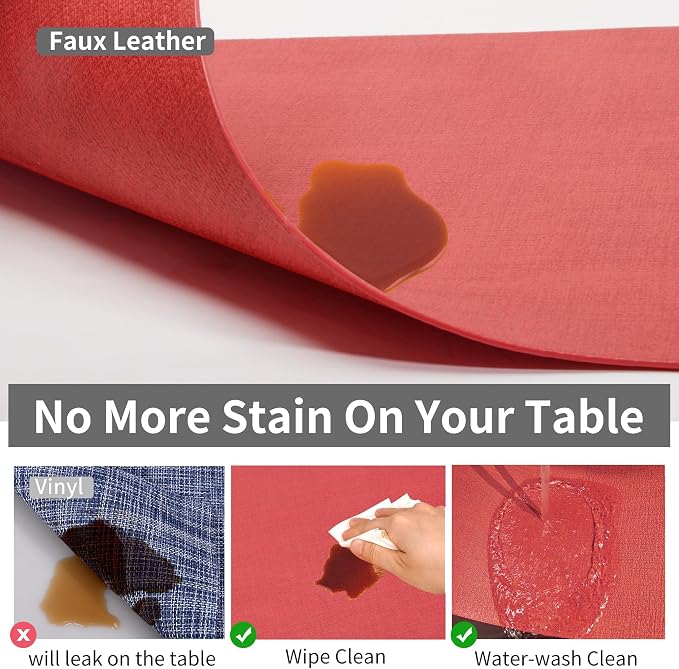 Maxpearl Faux Leather Placemats Set of 8 - Waterproof - Wipe Clean - Heat Resistant - Anti Slip Dining Table Place Mats, Suitable for Indoor & Outdoor Use, 17’’×12’’, Light Red