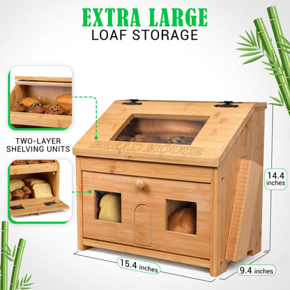 3J2 Discoveries Bread Box for Kitchen Countertop – Large Wooden Bamboo Bread Box with Cutting Board (SELF-ASSEMBLY)