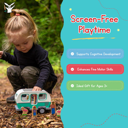 Jack Rabbit Creations 7-Piece Magnetic Glamper Camper Van – Family of 4 & Pink Flamingos – FSC Wood, Non-Toxic – Camping Toy, Imaginative Play – Toddler Gift, Ages 3+