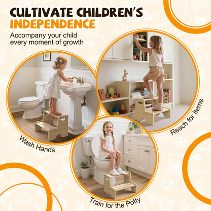 Uiirvdy Step Stool for Toddler, Sturdy Wooden 2-Step Stool with Anti-Slip Surface and Pads for Barthroom, Kitchen, Bedroom, Toilet, and Potty Training - 2 Pack
