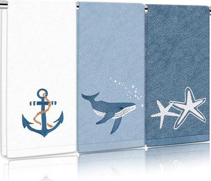 3Pcs Nautical Hand Towels Cotton Embroidered Bathroom Towels Anchor Starfish