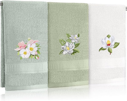Magnolia Floral Hand Towels Farmhouse Green White Magnolia Bathroom Decor 14x29