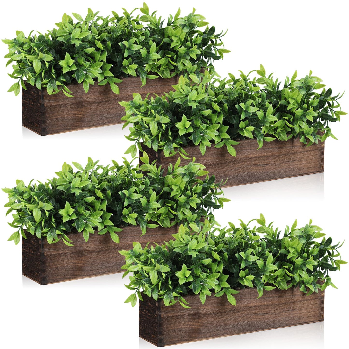 Lyrow 4 Pack Artificial Eucalyptus Plants in Rectangular Rustic Wooden Planter Box Faux Potted Herb Plant Greenery Centerpiece for Cabinet Windowsill Table Shelf Wedding Farmhouse Decor (Brown,16 '')