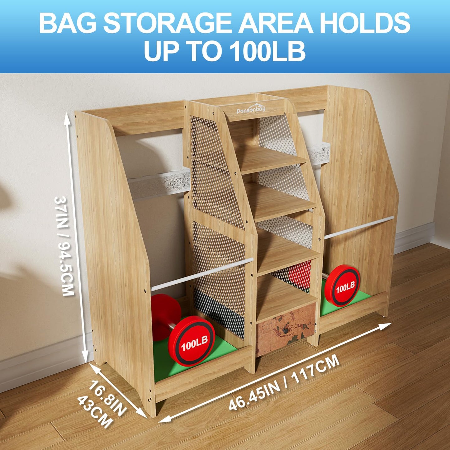 Ponsonbay Golf Bag Storage Organizer for Garage, Premium Wooden 2 Golf Bags Rack with Drawer, Easy Assemble Golf Club Stand/Holder Suitable for Garage Home Simulator and Office