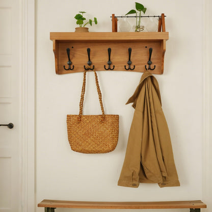 WEBI Wall Shelf with Hooks Underneath,24" Long Coat Rack Wall Mount with Shelf,Key Rack for Wall,5 Triple Hooks for Hanging Coats,Clothes,Jacket,Bathroom,Entryway,Light Brown