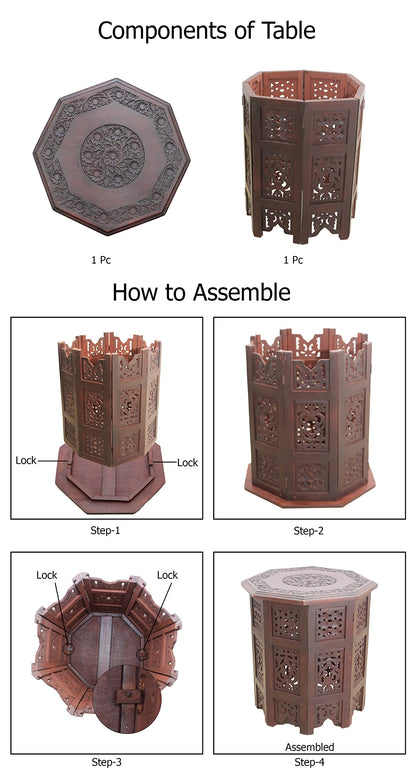 COTTON CRAFT Solid Wood Accent End Table - Hand Carved Vintage Boho Folding Side Table - Small Spaces Entryway Farmhouse Living Room Bedside - No Tools Assembly - 18x18 Octagon - Brown