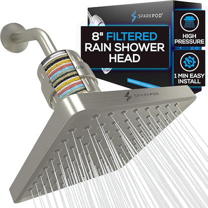 SparkPod 23-Stage Filtered Shower Head, 8" Square, Brushed Nickel | Filtered Shower Head for Hard Water Filter, High Pressure, Reduces Chlorine, Heavy Metals, For Dry Skin & Hair