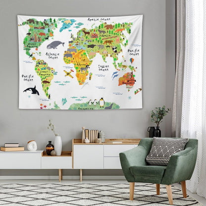 DDCBNS Kids World Map Tapestry, Cartoon Animal Map for Boys & Girls, Fun Educational Wall Hanging for Study, Classroom, Bedroom, Living Room - 80" x 60"