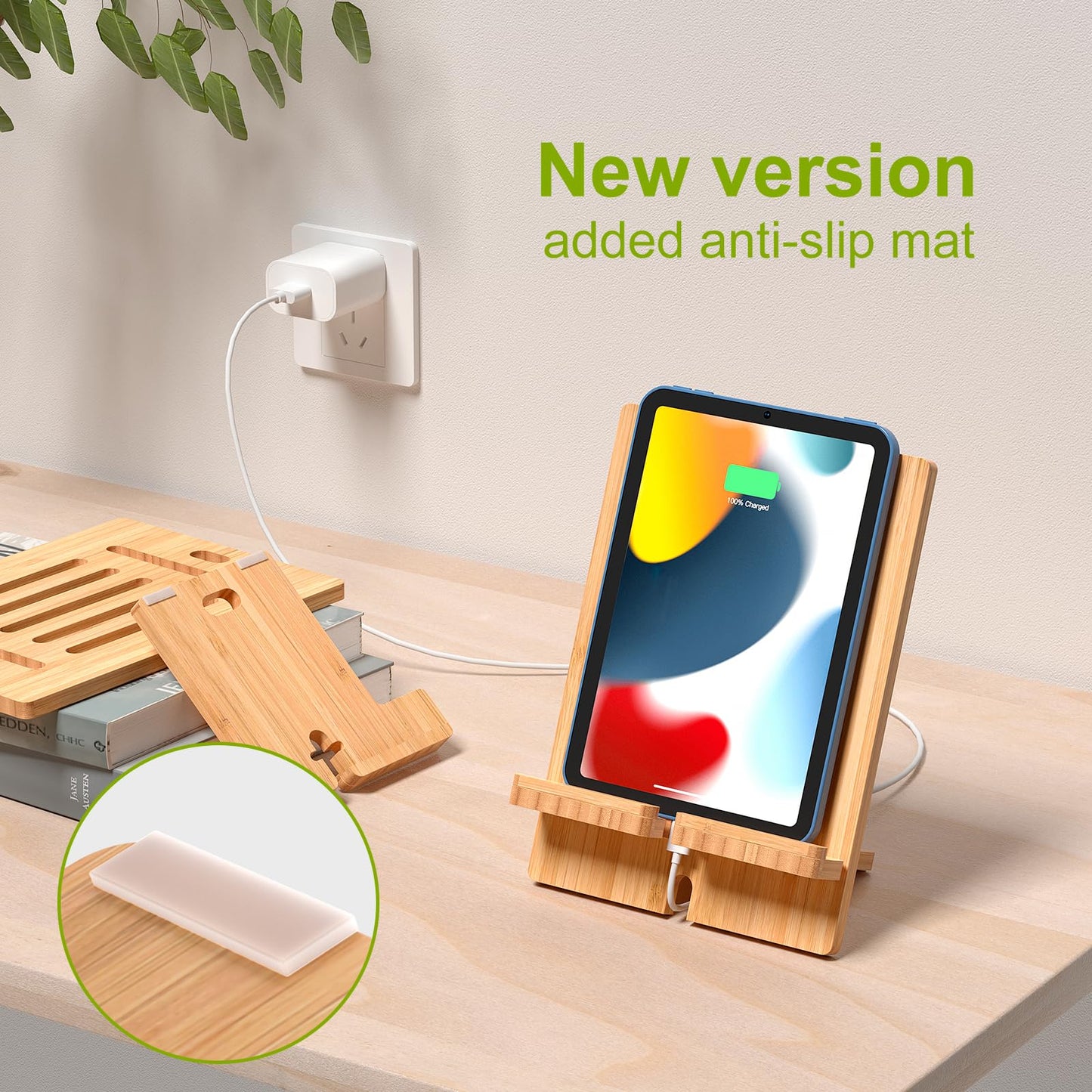 Pezin & Hulin Bamboo Tablet Stand Adjustable, Desktop Cell Phone Stand Holder Dock Compatible with Pad Air/Pro/Mini, E-Reader, Smartphone (Support to 4.7-13" Devices)-Bamboo