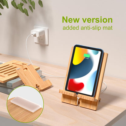 Pezin & Hulin Bamboo Tablet Stand Adjustable, Desktop Cell Phone Stand Holder Dock Compatible with Pad Air/Pro/Mini, E-Reader, Smartphone (Support to 4.7-13" Devices)-Bamboo