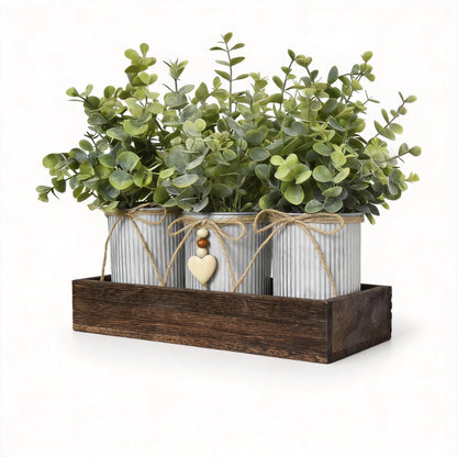 CANCLEAR Rustic Farmhouse 3-Piece Artificial Eucalyptus Centerpiece – Wooden Tray with 3 Galvanized Metal Pots & Faux Greenery – Table Decor for Dining Room, Kitchen, Living Room, Bathroom, Office