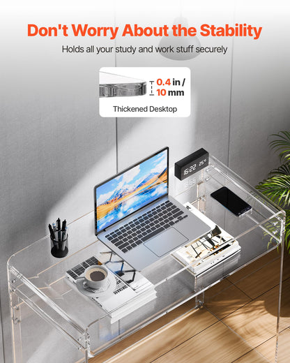 VEVOR Acrylic Desk, Clear Laptop Study Desk with Storage Shelf, Modern Transparent Console Table for Home Office, Living Room, Bedroom, Entryway, 33.5" W x 15.7" D x 29.5" H