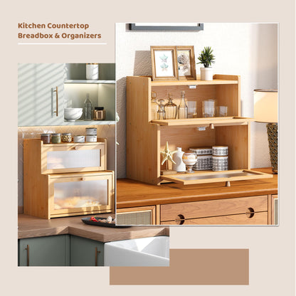 FILWH Bread Box for Kitchen Countertop Double Layer Large Corner Bread Box Capacity Bread Storage Bin Farmhouse Breadbox Container Organizer Cabinet Cupboard Nature