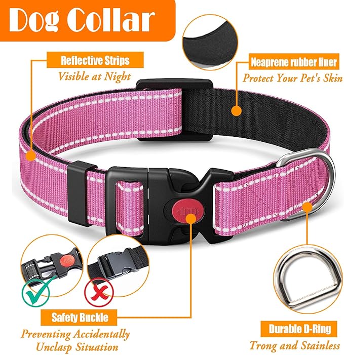 LOBEVE No Pull Dog Harness, Collar & Leash Set | Includes Dog Seat Belt, Collapsible Bowls & Poop Bag Dispenser. Ideal for Training, Walking, Hiking. Fits Small to Large Dogs(Pink-XL)