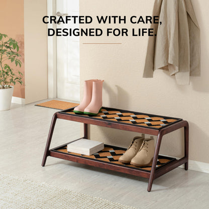 Anji Mountain Heavy Duty Waterproof Wooden Shoe Storage Mat Organizer/Boot Storage Tray Multi Use for Entryway with Coir, Tan and Ivory Insert, 2 Tier, Fits 6 Pair (36.5" Wide)