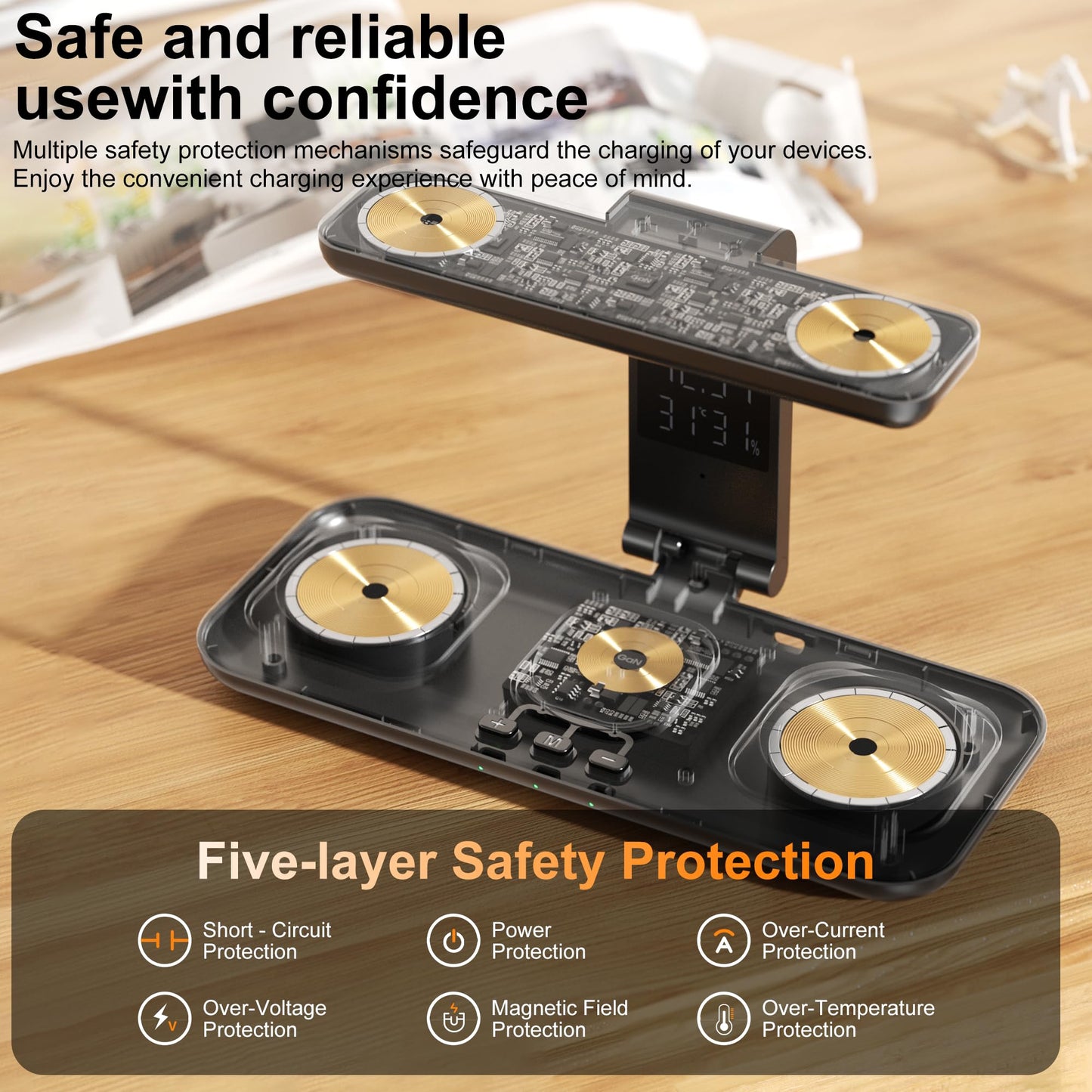 7-in-1 Wireless Dual Phone Charging Station for Apple, Dual Magsafe Charger for iPhone 17-12 Series, for Dual Apple Watch Charger for iWatch, with Air Pods Charger, Night Light & Clock