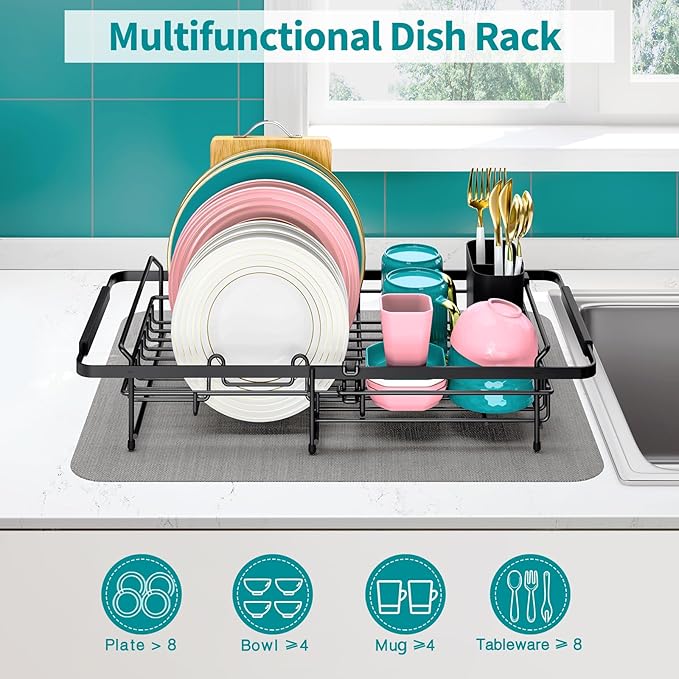 Urackify Expandable Stainless Steel in Sink Dish Drying Rack - Adjustable Dish Rack Over Sink, Rustproof Dish Drainer for Kitchen Counter, Dish Strainer with Utensil Holder, Fit Sink for 13"-18"