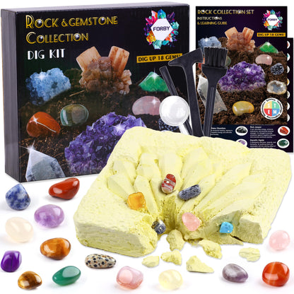 FORBY 18PCS Natural Crystal Dig kit Dig Up Real Tumbled Polished Crystal Geode Cave Gemstones and Crystals Set, Gift Set for Women and Men Decoration