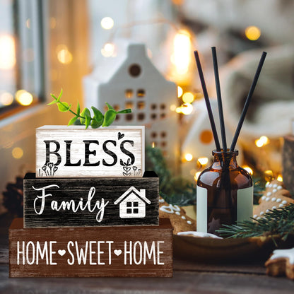 TOMPOP 4 Pcs Sweet Home Wooden Table Decor Eucalyptus Leaves Tabletop Sign Farmhouse Tiered Tray Decorations Family Wood Block Stack Sign Gift for Home Fireplace Mantel (Leaf)