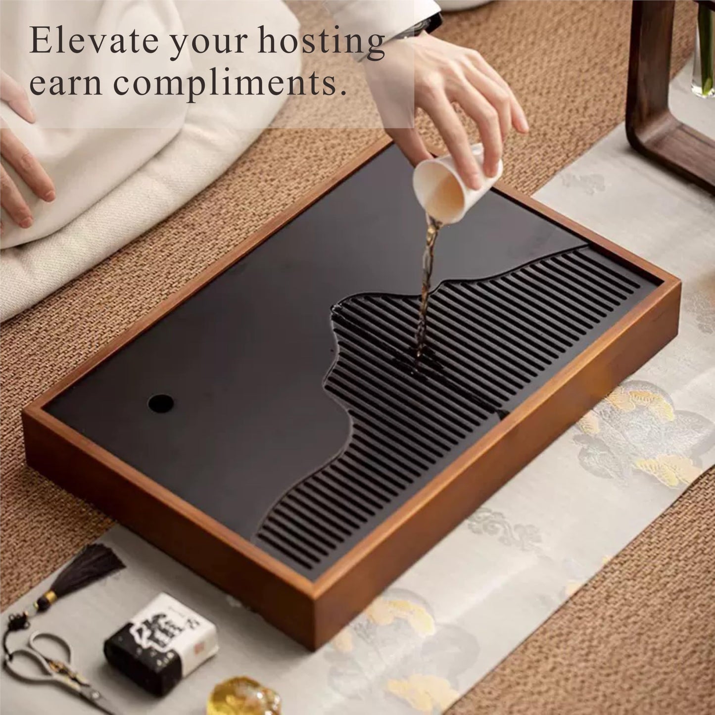 Bamboo Tea Tray & Table Set - Chinese Gongfu Tea Serving Tray with Tea Brush, Compact & Portable (11.8 Inch)