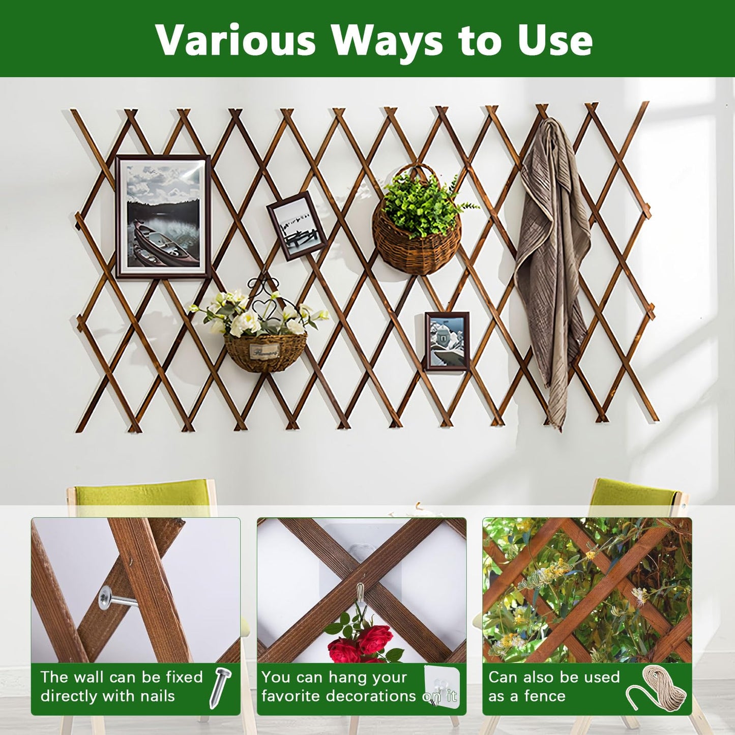 Expandable Garden Trellis, Trellis for Climbing Plants Outdoor, Wooden Lattice Fence Wall Panel Lattice Panels for Outside, for Climbing Plants Vine Ivy Rose Clematis (37" x 90", 1PC)