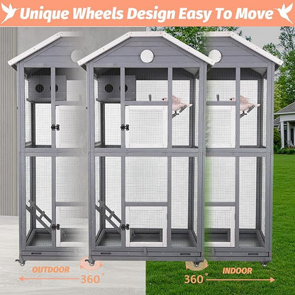 Gowoodhut Outdoor Bird Cage Large, Wooden Flight Aviary with Perches, Nest Habitat, and Easy-Clean Pull Out Tray for Parakeets, Macaws, and More