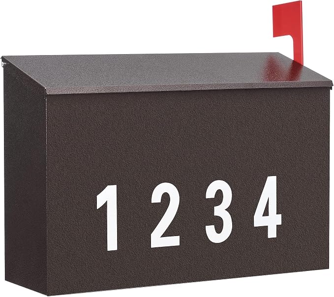 LAND·VOI Wall-Mount Mailbox with One Flag Kit and Three Sets of 0-9 Mailbox Number Stickers, Galvanized Steel Rust-Proof Metal Post Box, Mailboxes for Outside, 4.33" Dx14.2 Wx10.43 H, Bronze