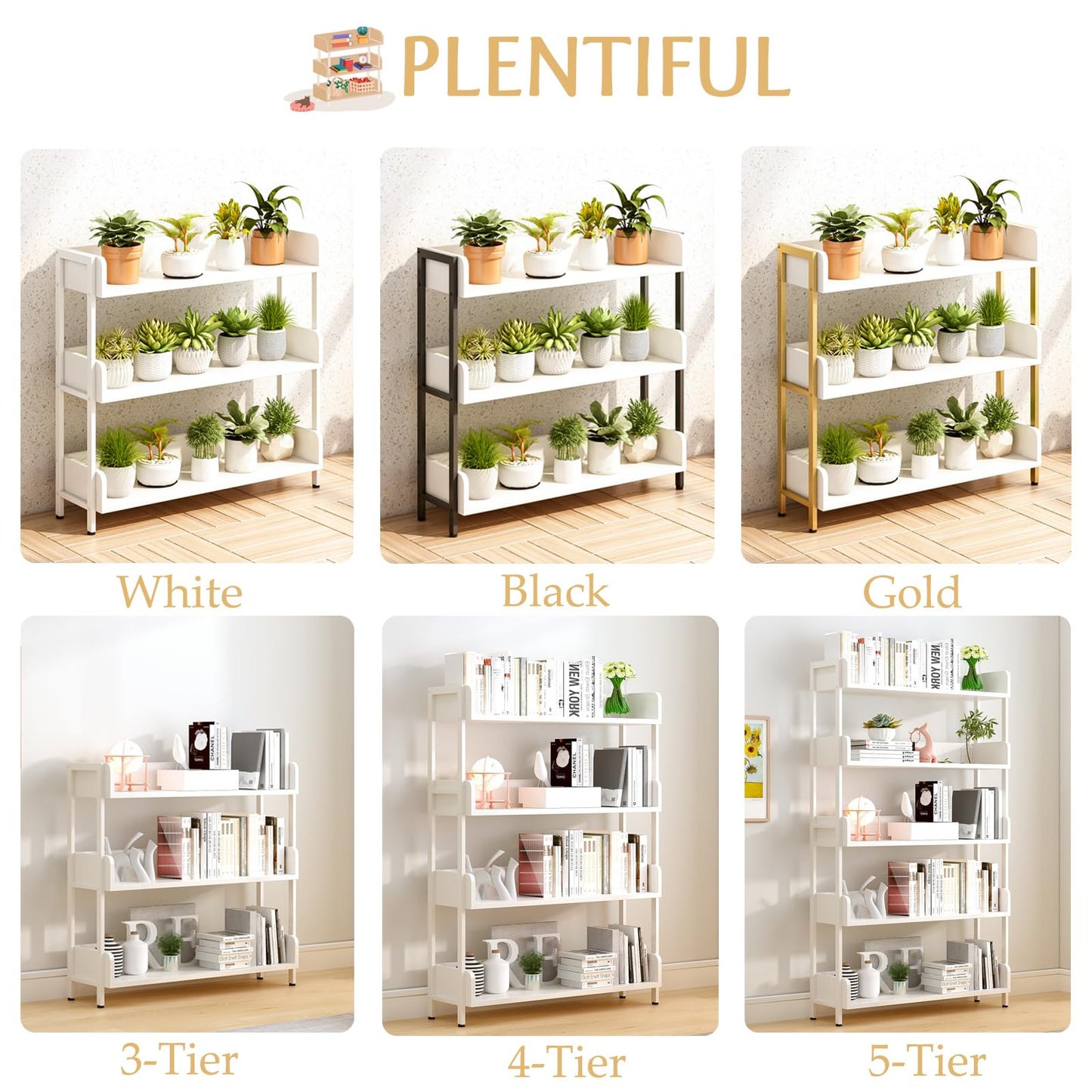 OSCHF Wide Open Shelf Bookcase - Modern 3-Tier Floor Standing Display Bookshelf with Top Edge and Metal Frame for Home and Office, Storage Shelving, Warm White