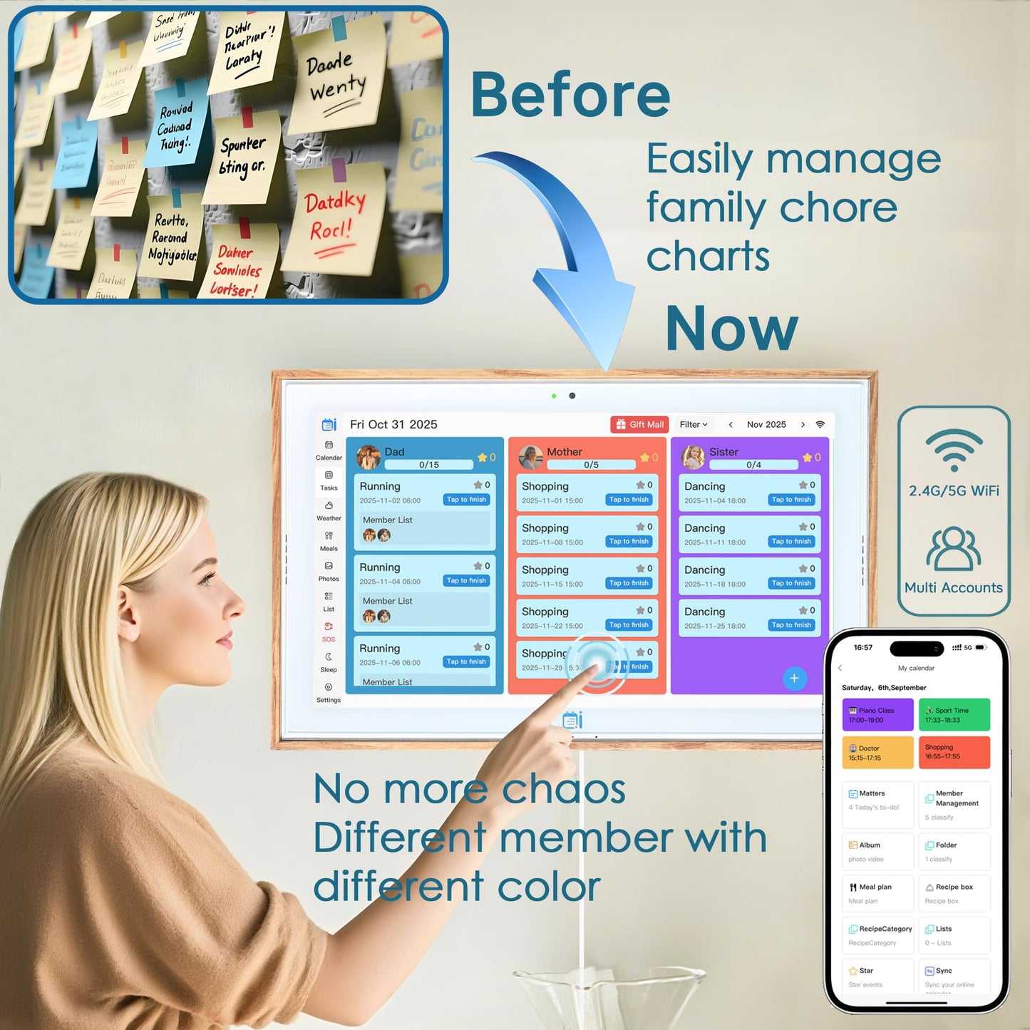 USIN 15.6 inch Wooden Digital Calendar, Wall Touch Screen Home Organizer, Family Chore Charts and Meal Planner, Interactive Display schedule, Desk and Wall Mounted, Smart Electronic Calendars with Free App