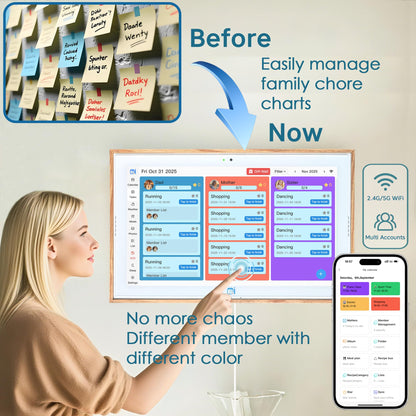 USIN 15.6 inch Wooden Digital Calendar, Wall Touch Screen Home Organizer, Family Chore Charts and Meal Planner, Interactive Display schedule, Desk and Wall Mounted, Smart Electronic Calendars with Free App