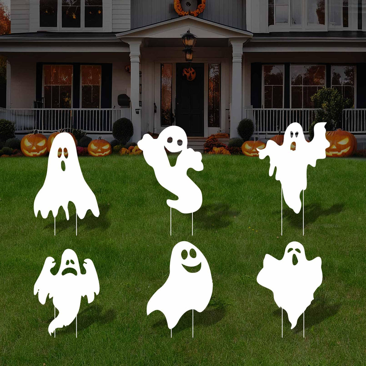 EIGHTSTATES 5pcs Halloween Ghost Yard Signs with Stakes - Black - Plastic & Wood - 12"x15" - Outdoor Garden Lawn Decor - Halloween Party Favor