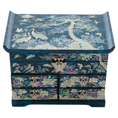 February Mountain Elegant Mother of Pearl Jewelry Box – Handcrafted Wooden Chest with Intricate Butterfly and Crane Designs, 4 Drawer Storage, and Red Velvet Interior – Ideal Gift for Women