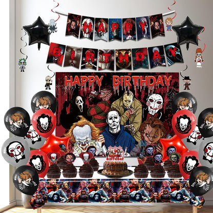 Mtgluk Horror Birthday Party Decorations Kit – 38 Pcs Halloween Themed Supplies with Banner, Backdrop, Tablecloth, Balloons & Cake Toppers for Spooky Celebrations