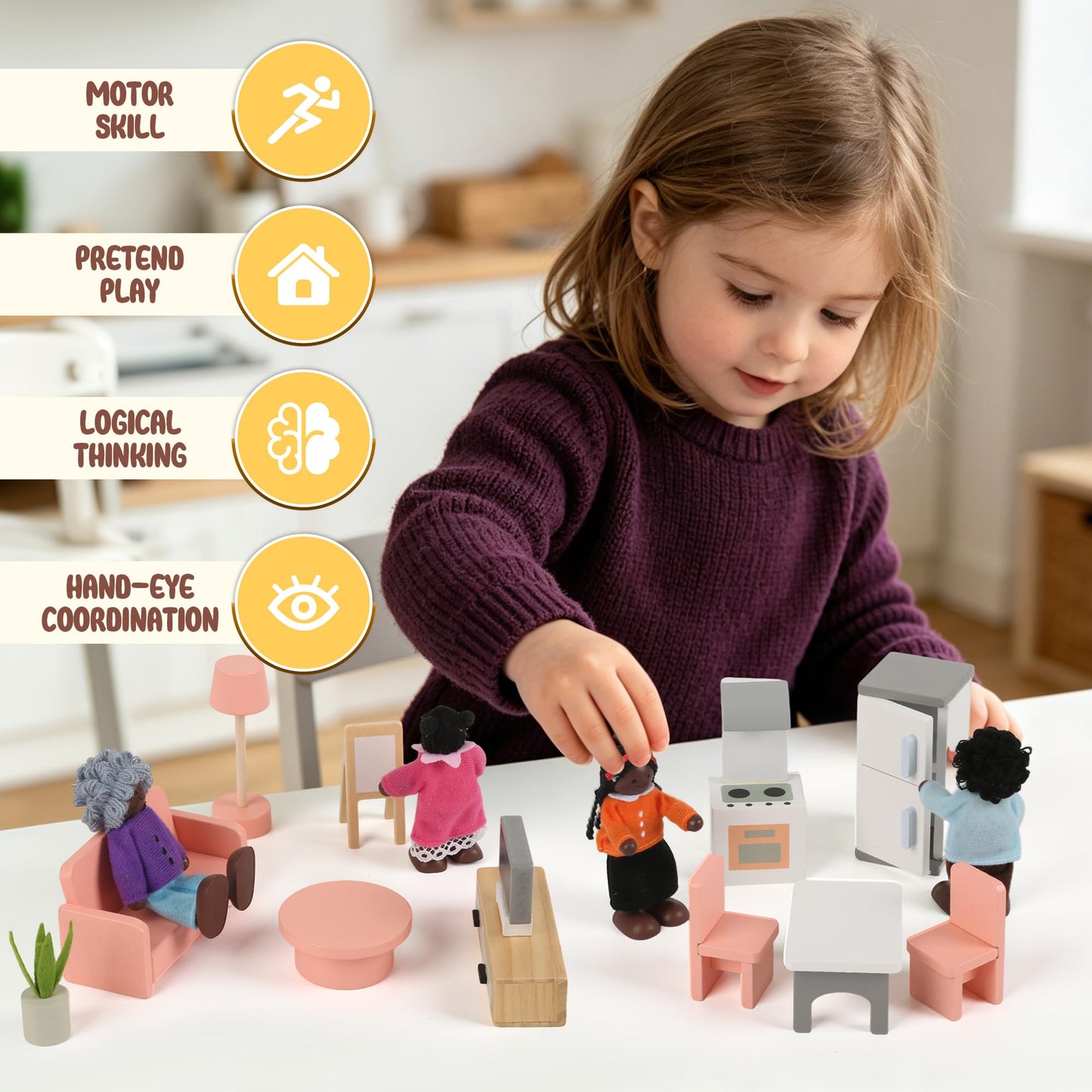Wooden Dollhouse Furniture Set，Miniature Doll Furniture Accessories with 5 Rooms,for Kitchen, Living Room, Bedroom, Bathroom, Babyroom,Pretend Play Furniture for Toddlers 3 4 5 6 Years Old