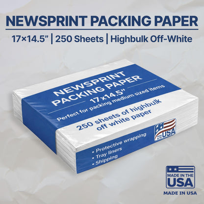 Newsprint Packing Paper Sheets for Moving – 250 newspaper-style sheets ideal for wrapping and protecting fragile items, filling boxes, and general shipping needs – 17" x 14.5" – Made in the USA