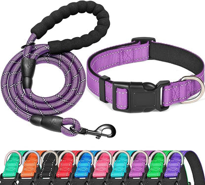 Ladoogo Reflective Dog Collar Padded with Soft Neoprene Breathable Adjustable Nylon Dog Collars for Small Medium Large Dogs (Small (Pack of 1), Purple Collar+Leash)