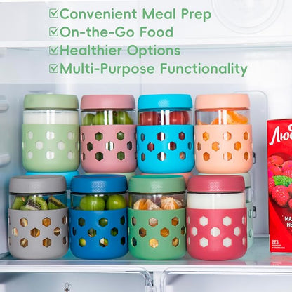 MICEBAY 16oz Overnight Oats Containers with Silicone Sleeves, 4-Pack Wide Mouth Glass Mason Salad Jars with Airtight Lids, BPA-Free Dishwasher Safe Leak-Proof Chia Seed Pudding Jar Meal Prep Container