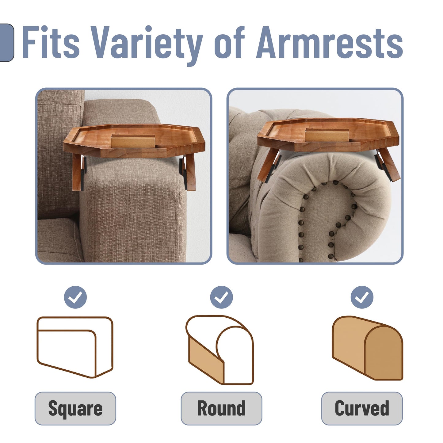 BAMBOO LAND- Couch Arm Tray, Wooden Folding Couch Armrest Table, Octagonal Clip-On Sofa Arm Tray with 360° Rotating Phone Holder