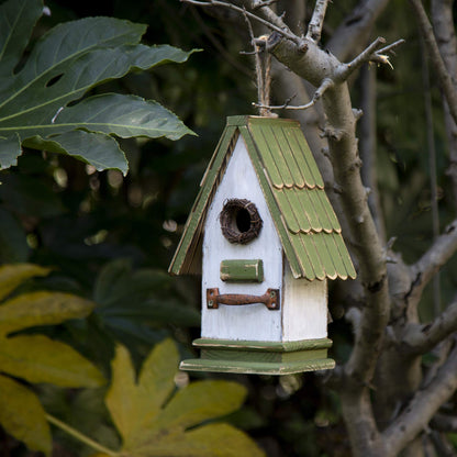 Glitzhome 10.25" L Hanging Birdhouse Green White Roof Wooden Garden Bird House for Outdoor